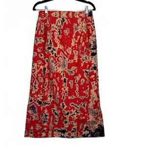 Vintage Red Abstract Print Midi Skirt with Side Slit